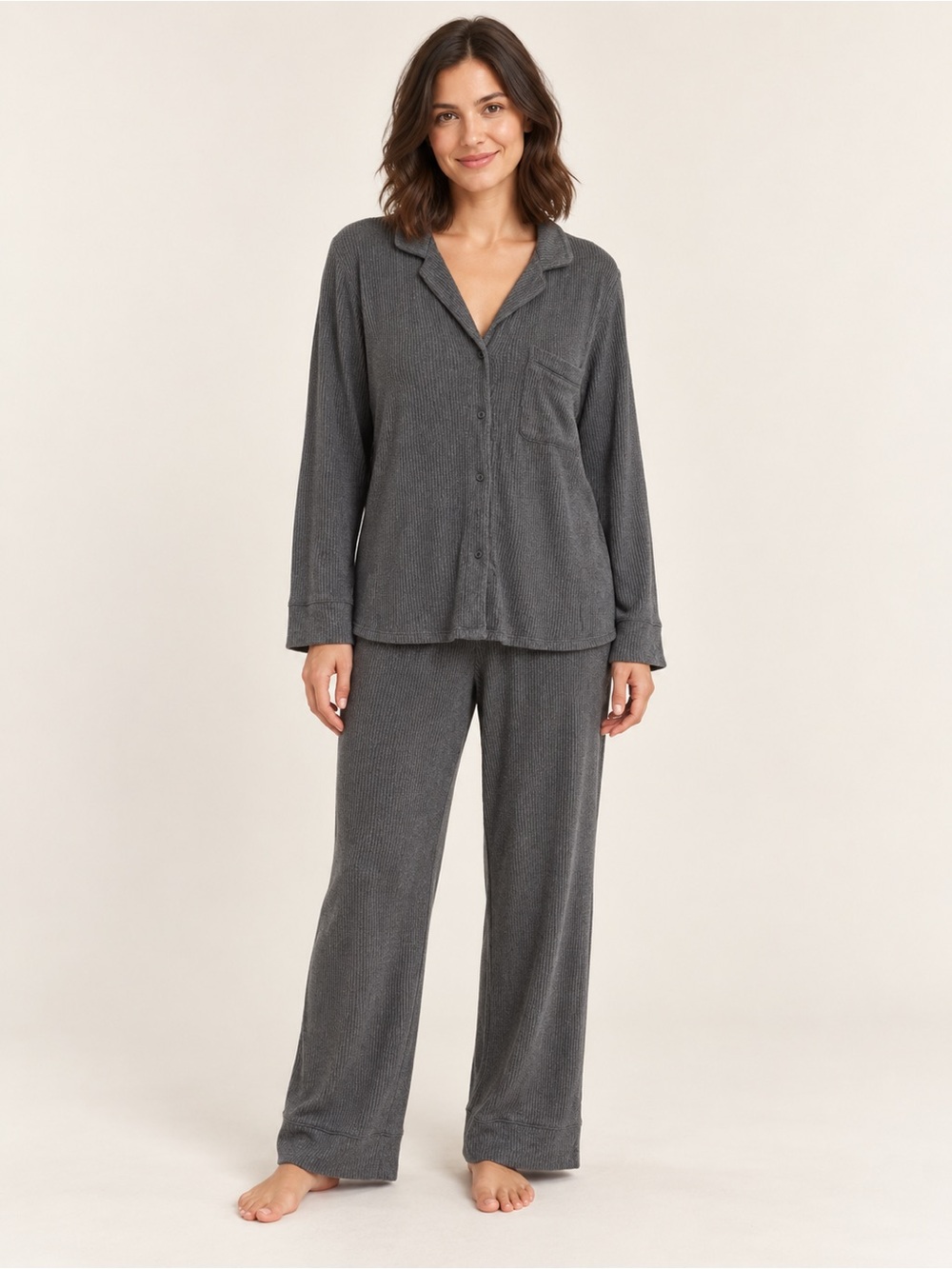 Cozy Ribbed Gray Women's Knit Pajama Set